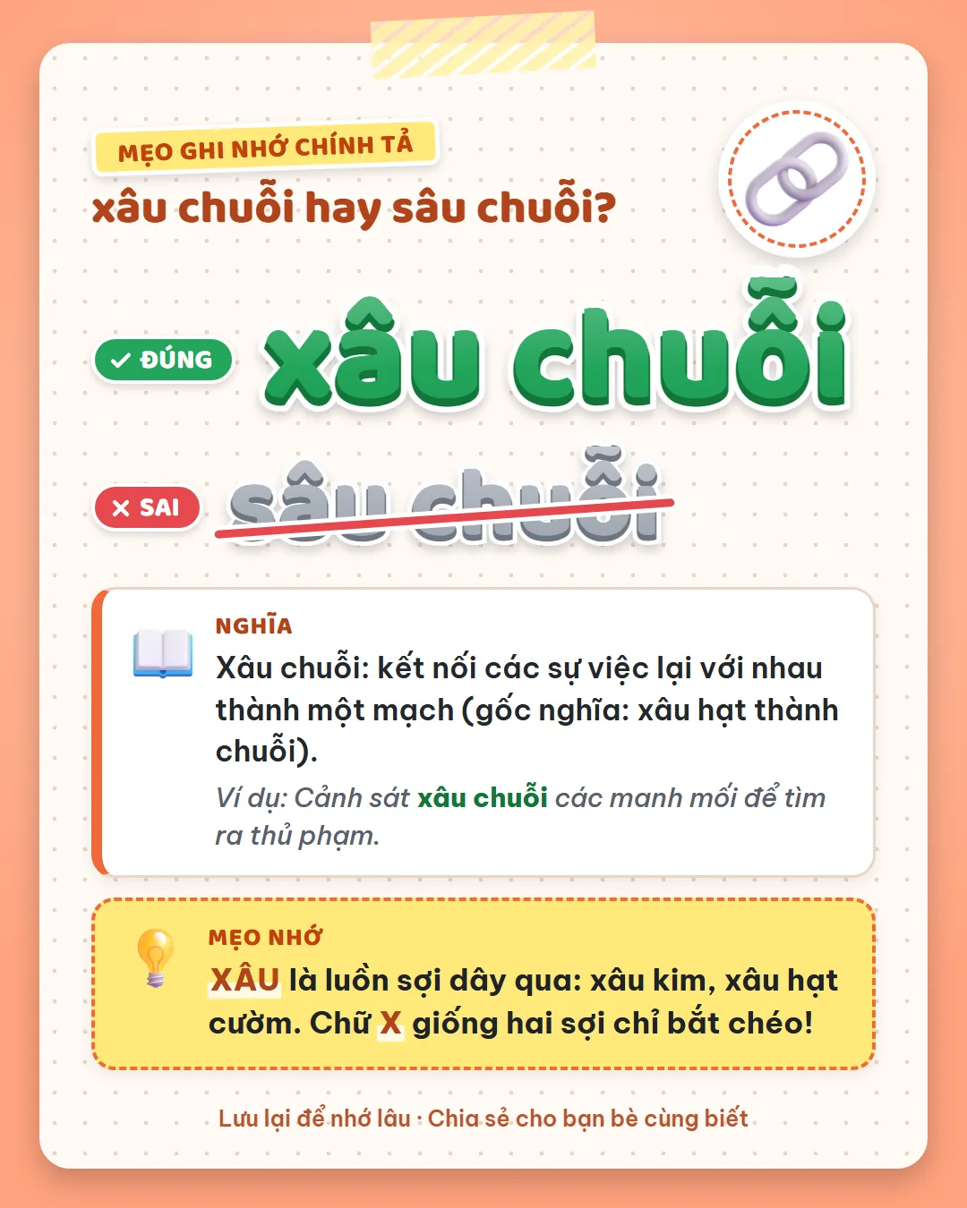 Mẹo ghi nhớ: xâu là luồn sợi dây qua như xâu kim, xâu hạt cườm. Chữ X giống hai sợi chỉ bắt chéo.