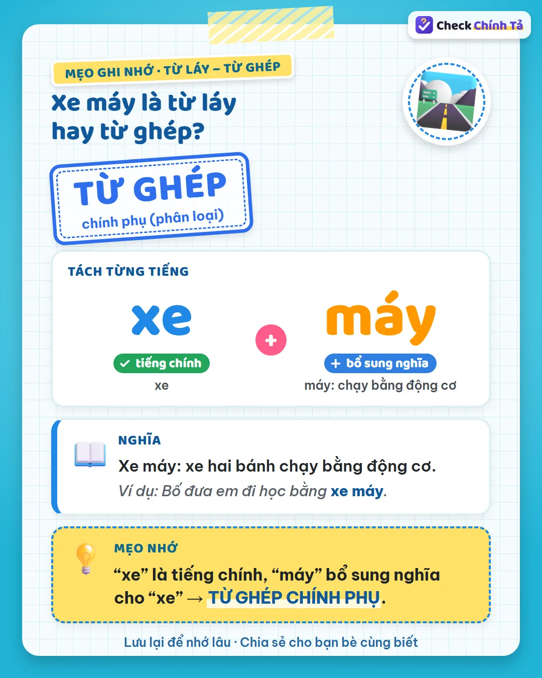Mẹo ghi nhớ: “xe” là tiếng chính, “máy” bổ sung nghĩa (chạy bằng động cơ) nên xe máy là từ ghép chính phụ.