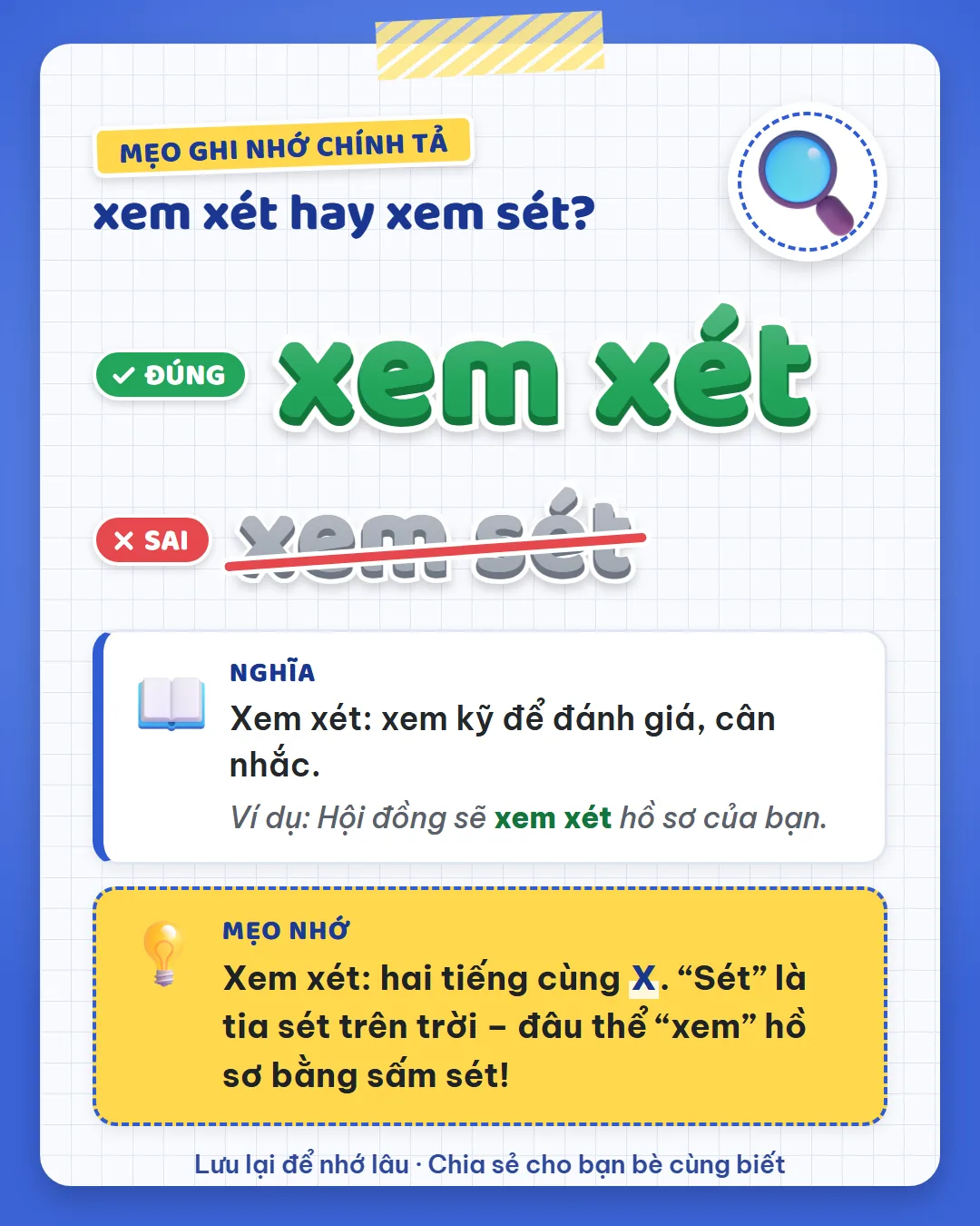 Mẹo ghi nhớ: xem xét có hai tiếng cùng X. Sét là tia sét trên trời, đâu thể xem hồ sơ bằng sấm sét.