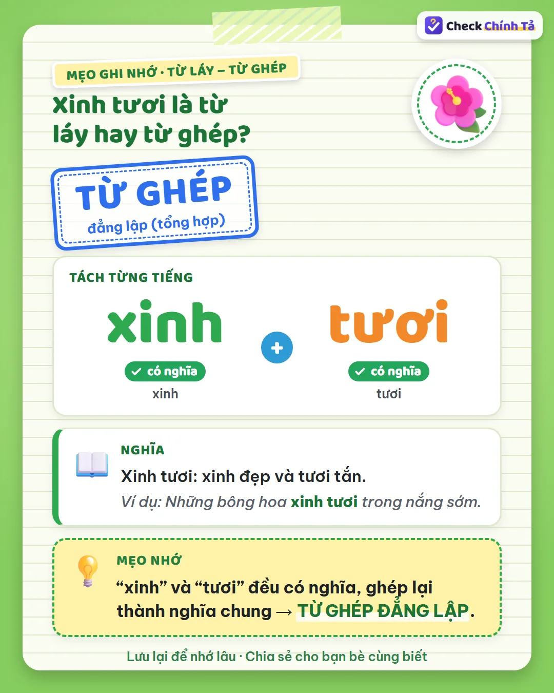 Mẹo ghi nhớ: “xinh” và “tươi” đều có nghĩa, ghép lại thành nghĩa chung nên xinh tươi là từ ghép đẳng lập.
