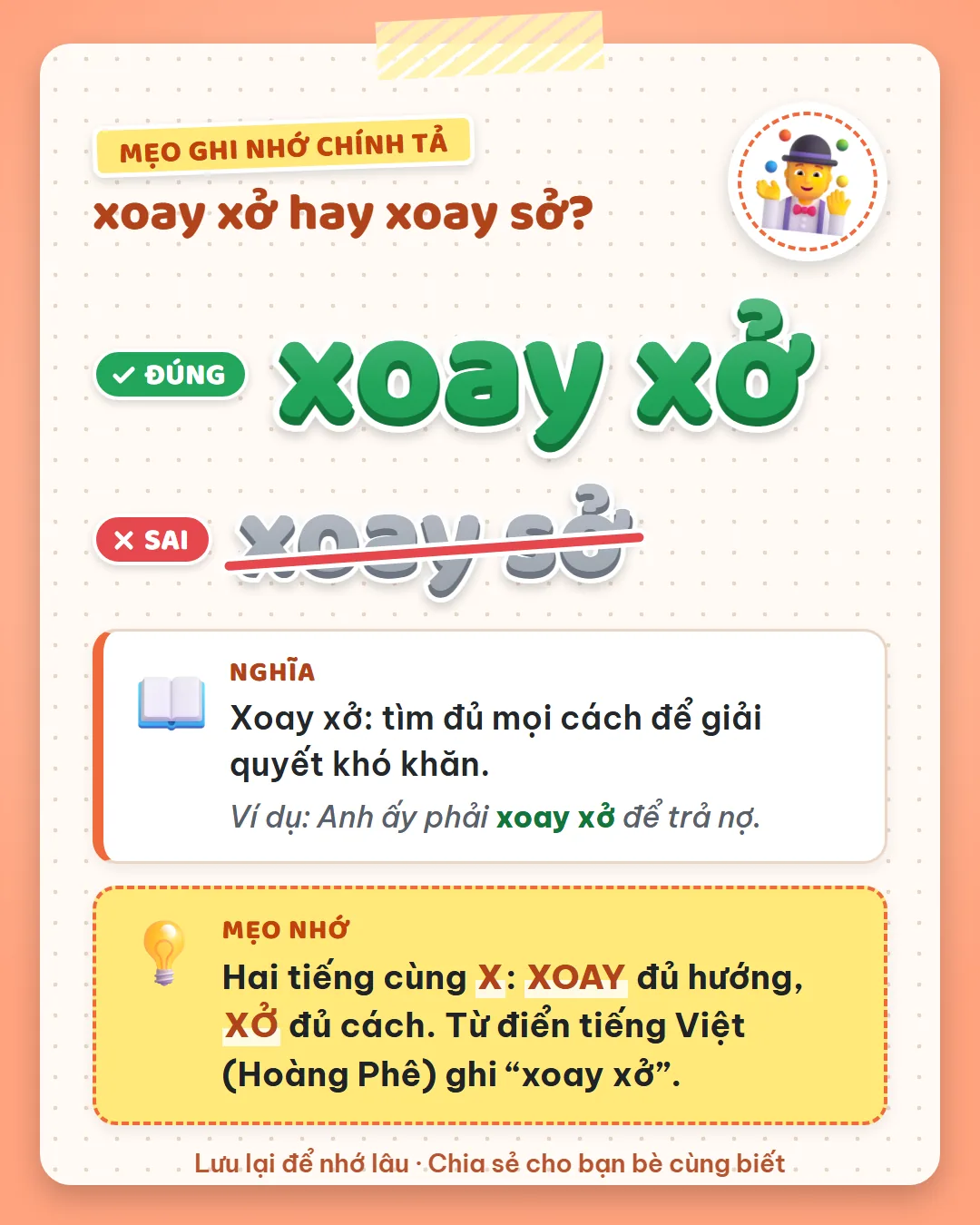 Mẹo ghi nhớ: hai tiếng cùng X, xoay đủ hướng, xở đủ cách. Từ điển Hoàng Phê ghi xoay xở.