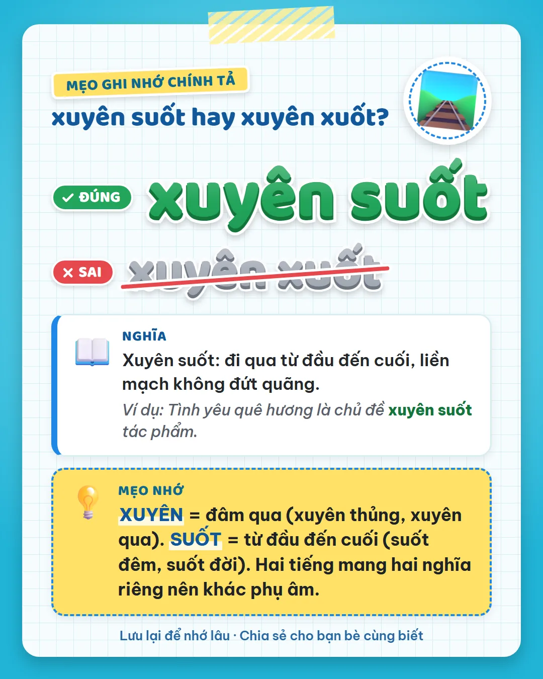 Mẹo ghi nhớ: xuyên là đâm qua (xuyên thủng), suốt là từ đầu đến cuối (suốt đêm). Hai tiếng hai nghĩa, khác phụ âm.