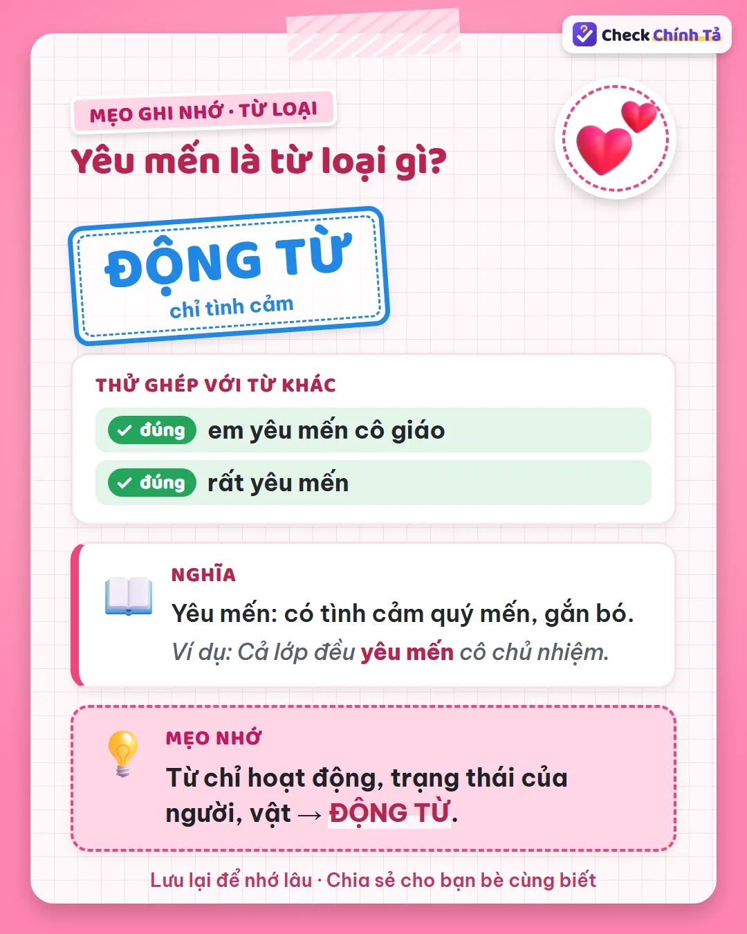 Mẹo ghi nhớ: có người được yêu mến đi kèm (yêu mến cô giáo) nên là động từ chỉ tình cảm.