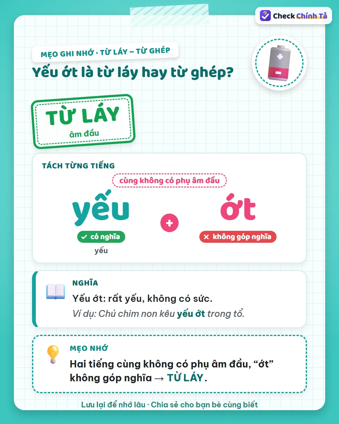 Mẹo ghi nhớ: yếu ớt có hai tiếng cùng không có phụ âm đầu, “ớt” không góp nghĩa nên là từ láy.