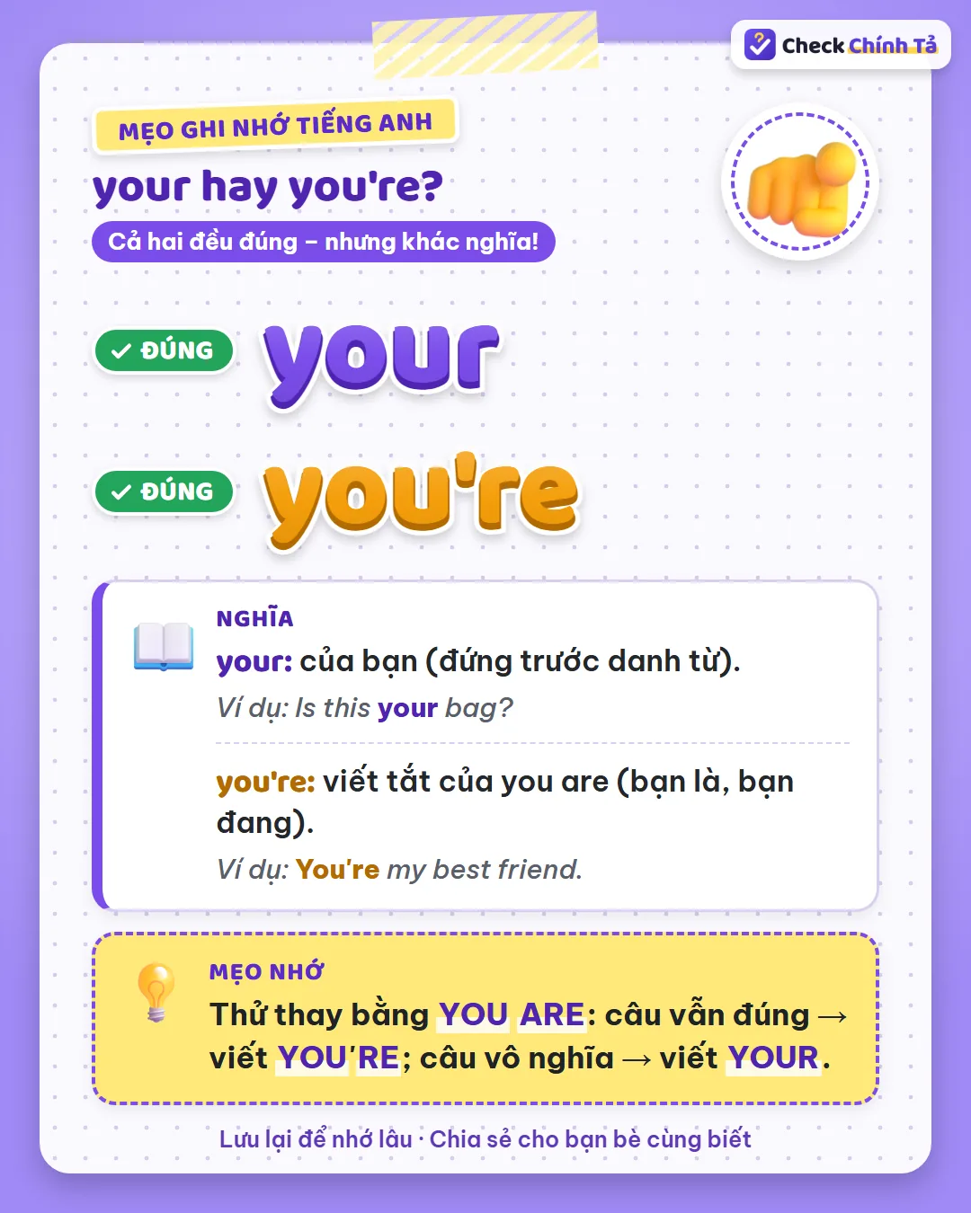 Mẹo ghi nhớ: thay bằng you are mà câu vẫn đúng thì viết you're, vô nghĩa thì viết your.